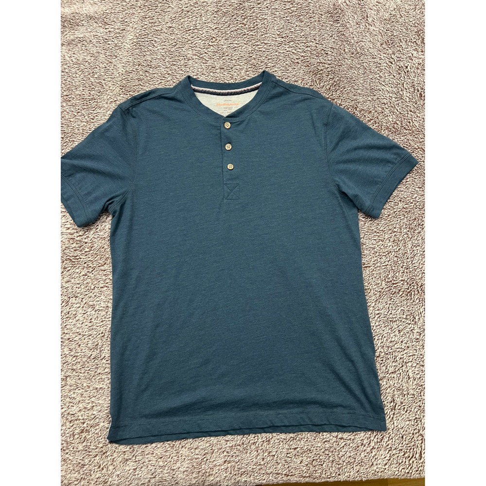 Weatherproof Vintage Mens Henley Shirt Short Sleeve Teal Blue Heather Medium